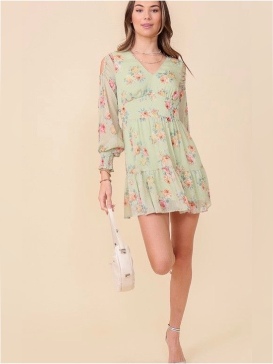 Lumiere Dresses & Skirts - Floral V-Neck Green Mini Dress
